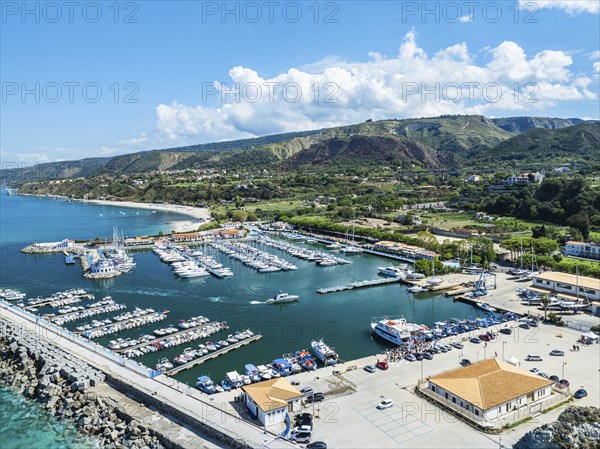 Port and Marina in Tropea from a drone, Tyrrhenian Sea, Calabria, Italy, Europe