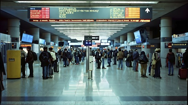 Airport gate with a crowd of waiting passengers, AI generated