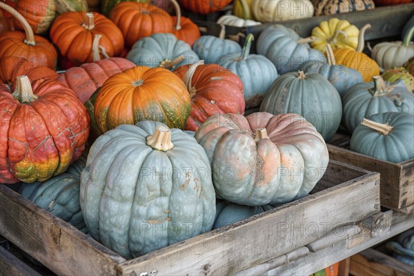 Many colorful muscade pumpkins at market. Generative Ai, AI generated