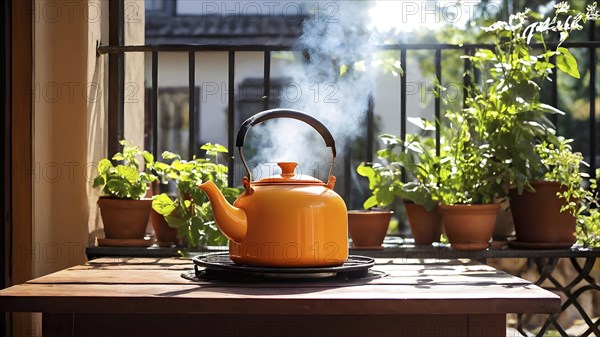 Orange colored tea kettle whistling on a rustic wooden table in soft morning sunlight, AI generated