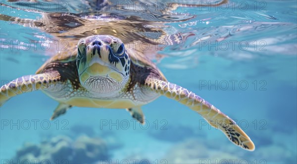 A turtle is swimming underwater in the ocean. The water is clear and turquoise, AI generated