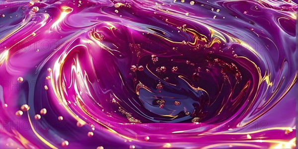 Digital art illustration of a liquid whirlpool swirling with magenta and golden tones, AI generated