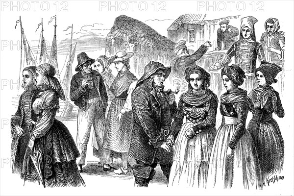 Folk costumes from Friesland, West Frisians, East Frisians, North Frisians (from left), Germany, in