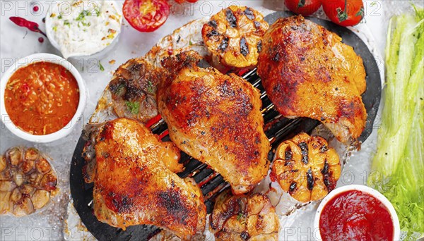 Food, dishes, many grilled chicken pieces on a grill, AI generated, AI generated