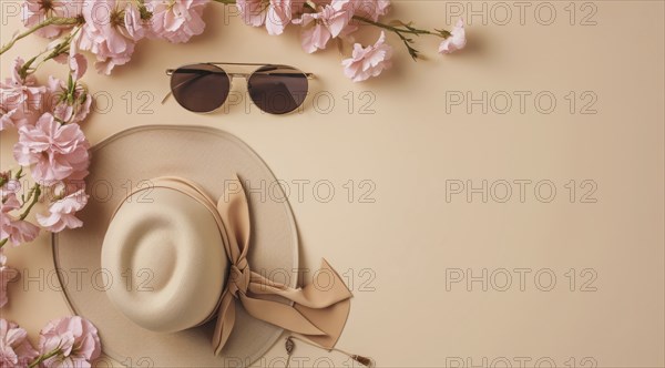 Stylish fashion vacation accessories in flat lay for vacation on beach in warm countries, AI