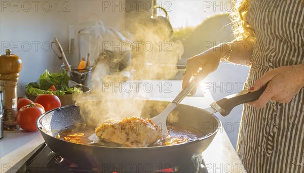 A person is cooking chicken in a pan on a stove. The pan is filled with a red sauce and the chicken