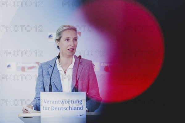 Alice Weidel, Federal Chairwoman of the AfD (Alternative for Germany), speaks to the media in front