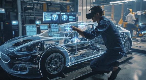 Team of engineers, visualization of future vehicle prototype 3D modeling in car production factory,