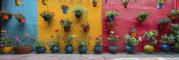Typical architecture of Mexican colonial colorful houses in historic city center, AI generated