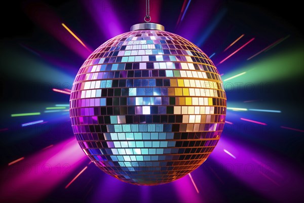 A disco ball is suspended from the ceiling at party in nightclub, reflecting the lights and