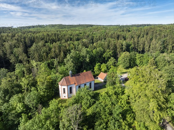 Aerial view of the Schenkenberg Chapel built in 1722, a pilgrimage chapel in a forest near