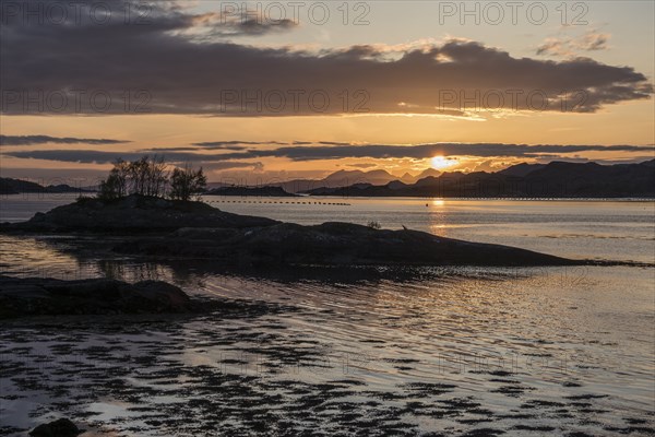 Sunset over the sea south of Mallaig, island, fishing equipment, Scotland, UK