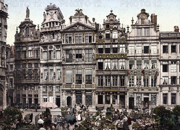 Les maisons de la Grande Place, Brussels, Belgium, Historic, digitally restored reproduction from a