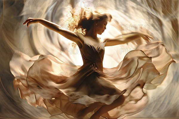 AI generated vintage photograph capturing a dancer in mid twirl movements traced with modern