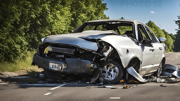 Close-up of damaged car wrecks after a road accident, AI generated