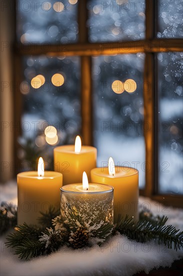 Snow-covered window with frost patterns, candlelight softly glowing through the glass, and warm,