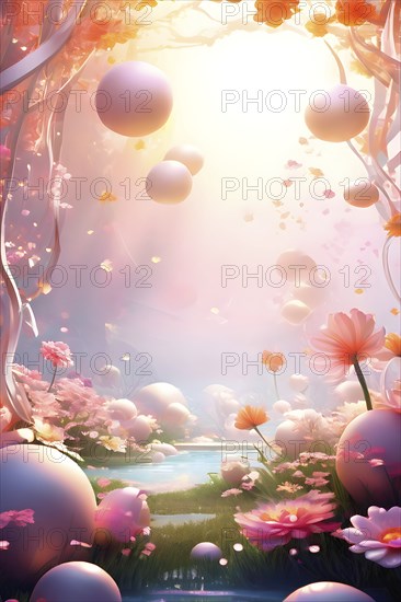 Surreal Easter scene with floating eggs, ribbons, and flowers in a dreamlike, whimsical composition