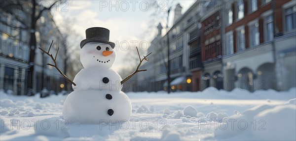 Snowman in an idylic winter urban scenery, snow-covered streets and buildings in background,