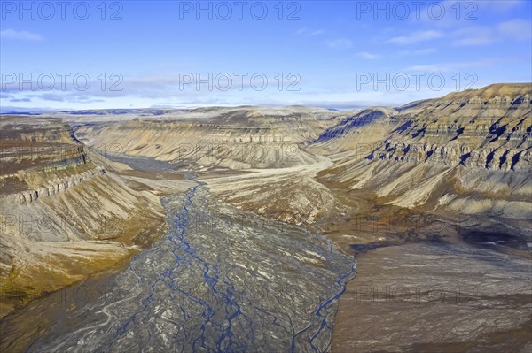 Aerial view over river delta at Skansbukta in the outer Billefjorden, Billefjord, southeast of