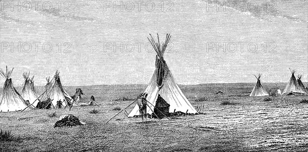 Indian village with tepees in the Northwest of America, in 1880, Historical, digital reproduction