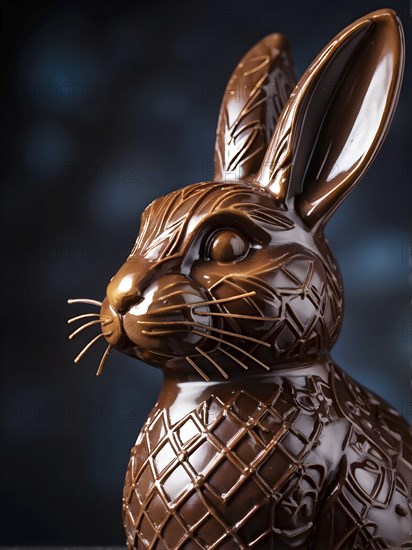 Easter bunny figurine made of chocolate, with a soft focus on intricate patterns and glossy