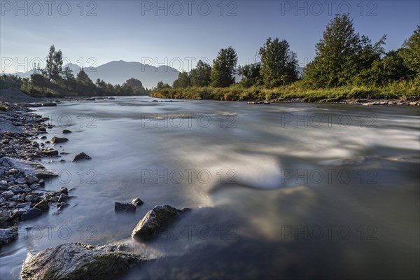 Rapids in a river, morning light, mountains, long exposure, Loisach, near Großweil, Bavaria,