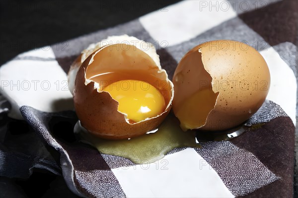 Cracked egg partially spilled on a checkered tablecloth, AI generated