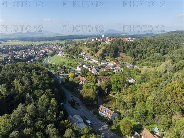 Aerial view of the town of Aach in Hegau, on the right the Aachtopf, Aachquelle, source of the