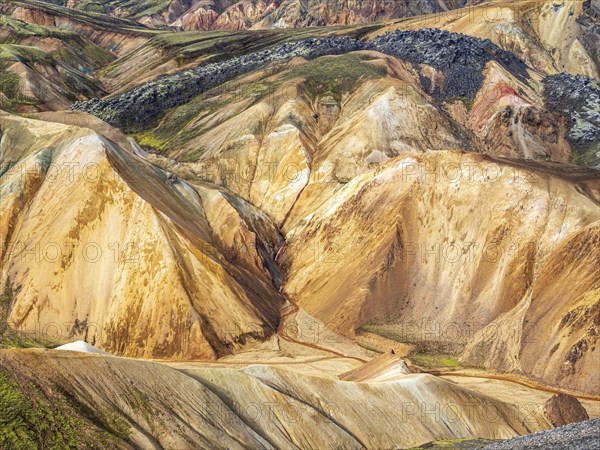 Colorful rhyolite mountains, lava field below mt. Brennisteinsalda, Landmannalaugar, Fjallabak