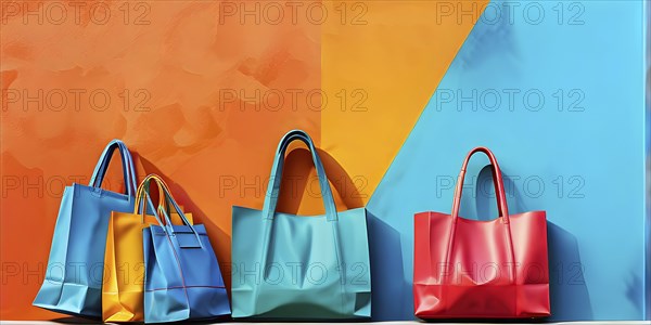 Assorted vibrant shopping bags lined up in front of a colored background, AI generated