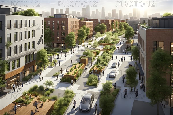 3d model render showcasing an urban neighborhood boasting ecological zero waste infrastructure with