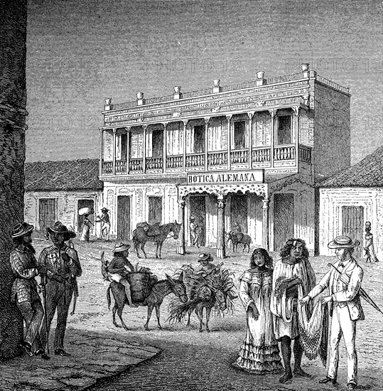 In front of the German pharmacy for the coffee merchants in Maracaibo, today Venezuela, in 1875,