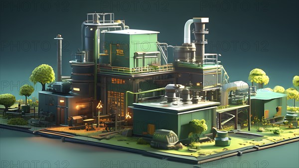 Concept of green configured factory engaged in the act of green washing, AI generated
