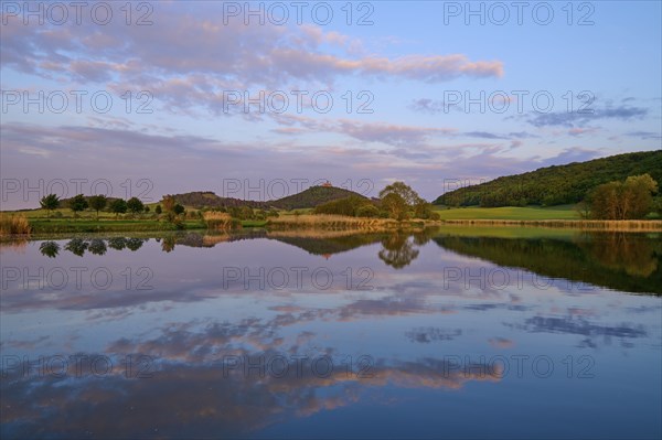 Lake with reflection in spring with castle at sunset, Veste Wachsenburg, Amt Wachsenburg, Drei