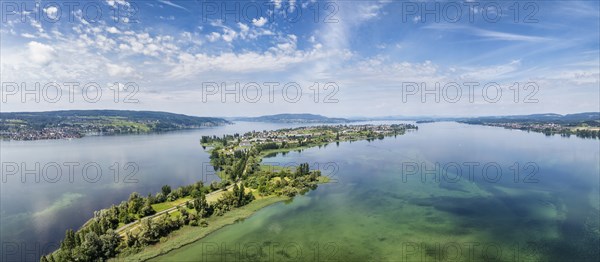 Aerial view, panorama of the island of Reichenau in Lake Constance on the horizon on the left the