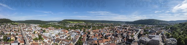 Aerial view, panorama of the city centre of Tuttlingen with the Protestant church of St. Peter and