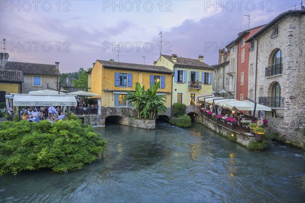 Restaurants on the Mincio River, Borghetto, Valeggio sul Mincio, Province of Verona, Italy, Europe