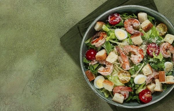 Caesar salad, with tiger prawns, shrimp salad, lettuce, quail eggs, cherry tomatoes, parmesan