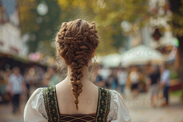 Back view of woman in traditional Dirnd dress with plaited hair in street. Generative Ai, AI