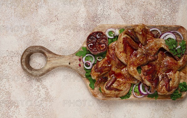 Fried, quail meat, tobacco (tapaka), with spices, homemade, no people