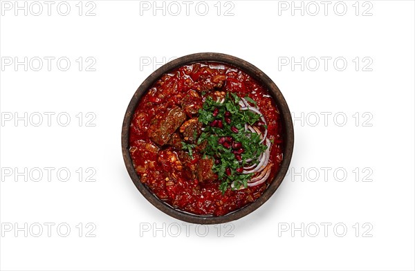 Chashushuli, a traditional Georgian dish, spicy, stewed meat with tomatoes and spices, homemade, no