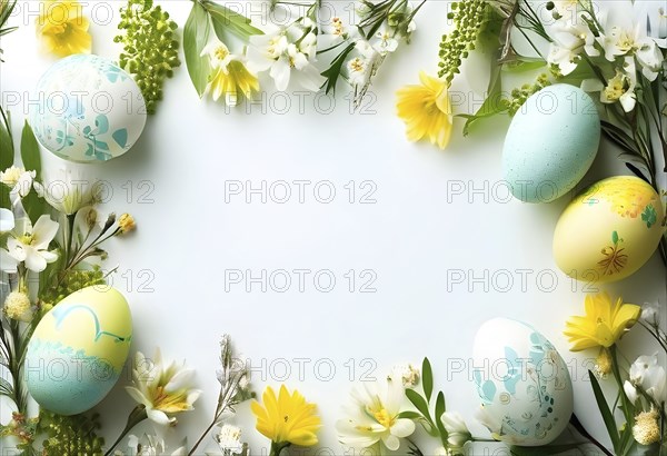 Easter card with delicate hand-drawn illustrations, placed among fresh flowers and decorated eggs,