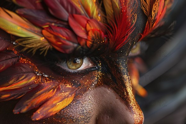 Close up of woman's eye with Halloween phoenix bird costume makeup with feathers. Generative Ai, AI