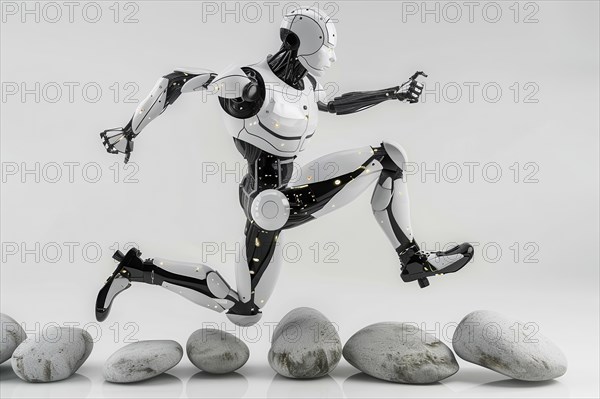 Futuristic humanoid cyborg running and jumping over rocks in front of a white background, AI