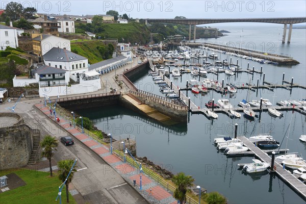 View of a harbour with numerous boats, surrounding architecture and a bridge in the background on a