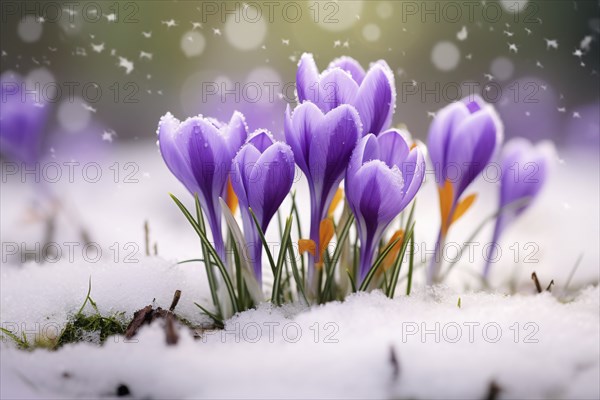 Violet crocus spring flowers in snow. KI generiert, generiert AI generated