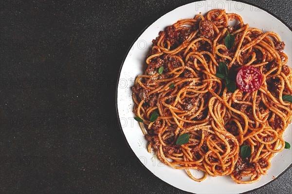 Spaghetti Bolognese, top view, close-up, no people, homemade