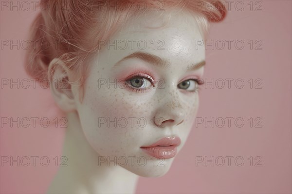 Portrait of beautiful young woman with doll-like features and pink makeup. KI generiert, generiert,