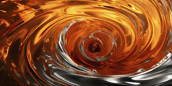 Digital art illustration of a liquid whirlpool swirling with orange and silver tones, AI generated