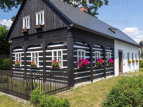 Colourful old half-timbered house, log construction, half-timbered, restored, Lusatian Mountains,